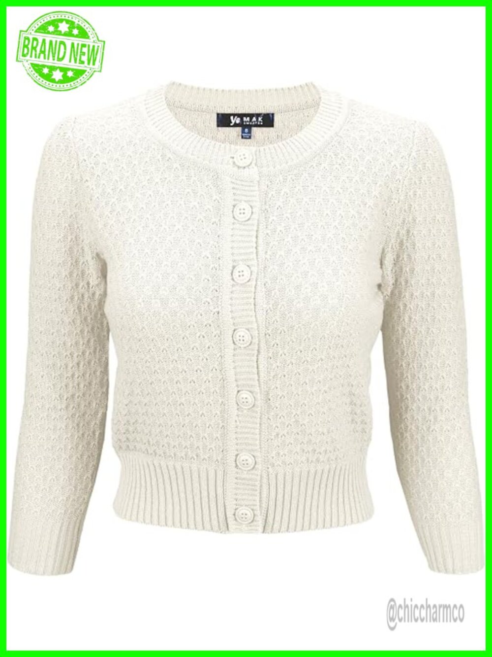 Cropped Cardigan Sweater – 3/4 Sleeve Crewneck Button Down Soft Crochet Knit Top
